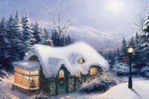 winter, Houses, Fantasy, Art