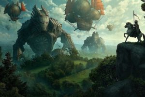 green, Forests, Knights, Grass, Fantasy, Art, Collosus, Artwork, Medieval, Zeppelin, Air, Balloons, Skyscapes