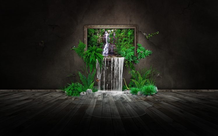 waterfall, In, House HD Wallpaper Desktop Background