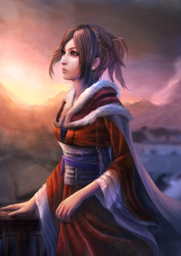 brunettes, Sunset, Mountains, Clouds, Nature, Trees, Forests, Blue, Eyes, Belts, Outdoors, Short, Hair, Cloaks, Earrings, Artwork, Japanese, Clothes, Anime, Girls, Hair, Band, Railing, Hair, Ornaments, Skies, Or HD Wallpaper Desktop Background