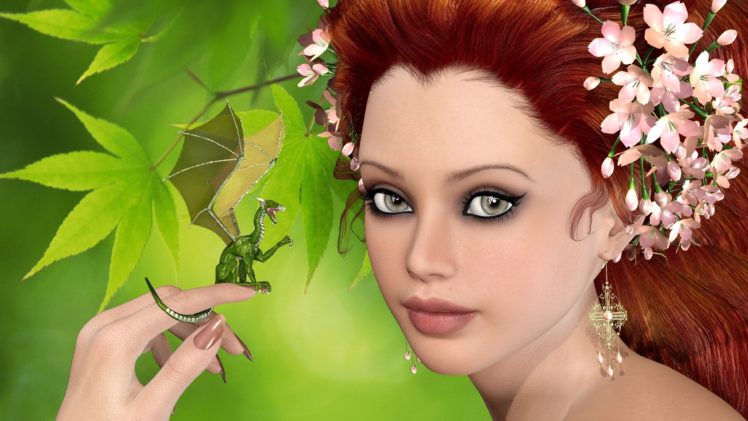 dragon, Glance, Face, Redhead, Girl, 3d, Graphics, Girls, Fantasy HD Wallpaper Desktop Background