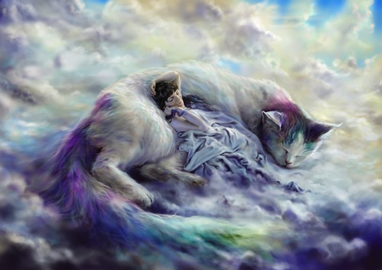magical, Animals, Cats, Clouds, Sleep, Fantasy, Mood HD Wallpaper Desktop Background