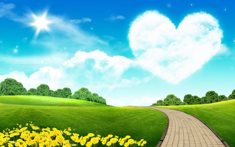 green, Sun, Yellow, Grass, Roads, Bricks, Hearts HD Wallpaper Desktop Background