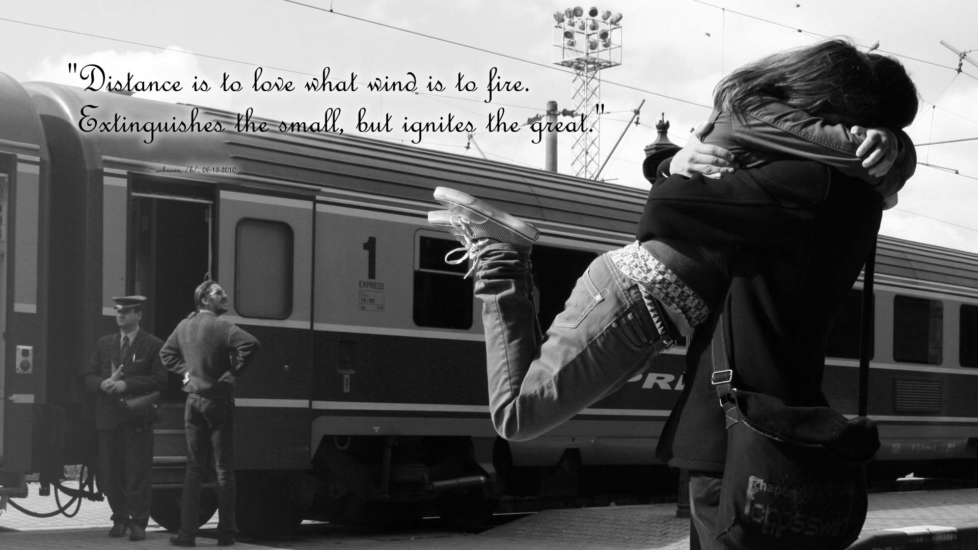 love, Quotes, Trains, Couple, Grayscale, Vehicles, Hugging Wallpaper