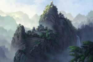 landscapes, Castles, Asian, Oriental, Mountains, Waterfalls, Trees, Sky, Fog