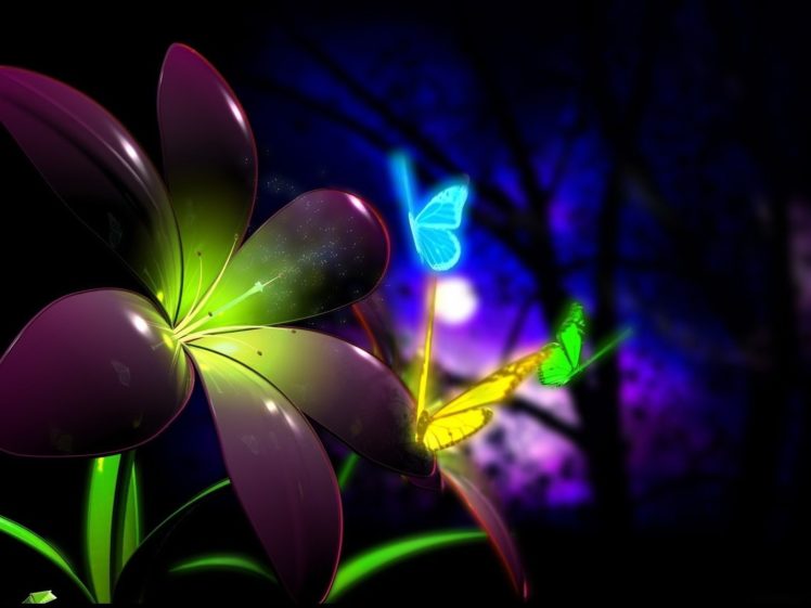 flowers, Digital, Art, Fantasy, Butterfly, Forest, Trees, Cg HD Wallpaper Desktop Background