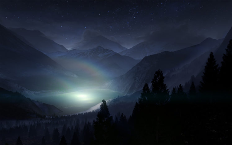 lake, Night, Cg, Stars, Trees, Mountains, Landscape HD Wallpaper Desktop Background