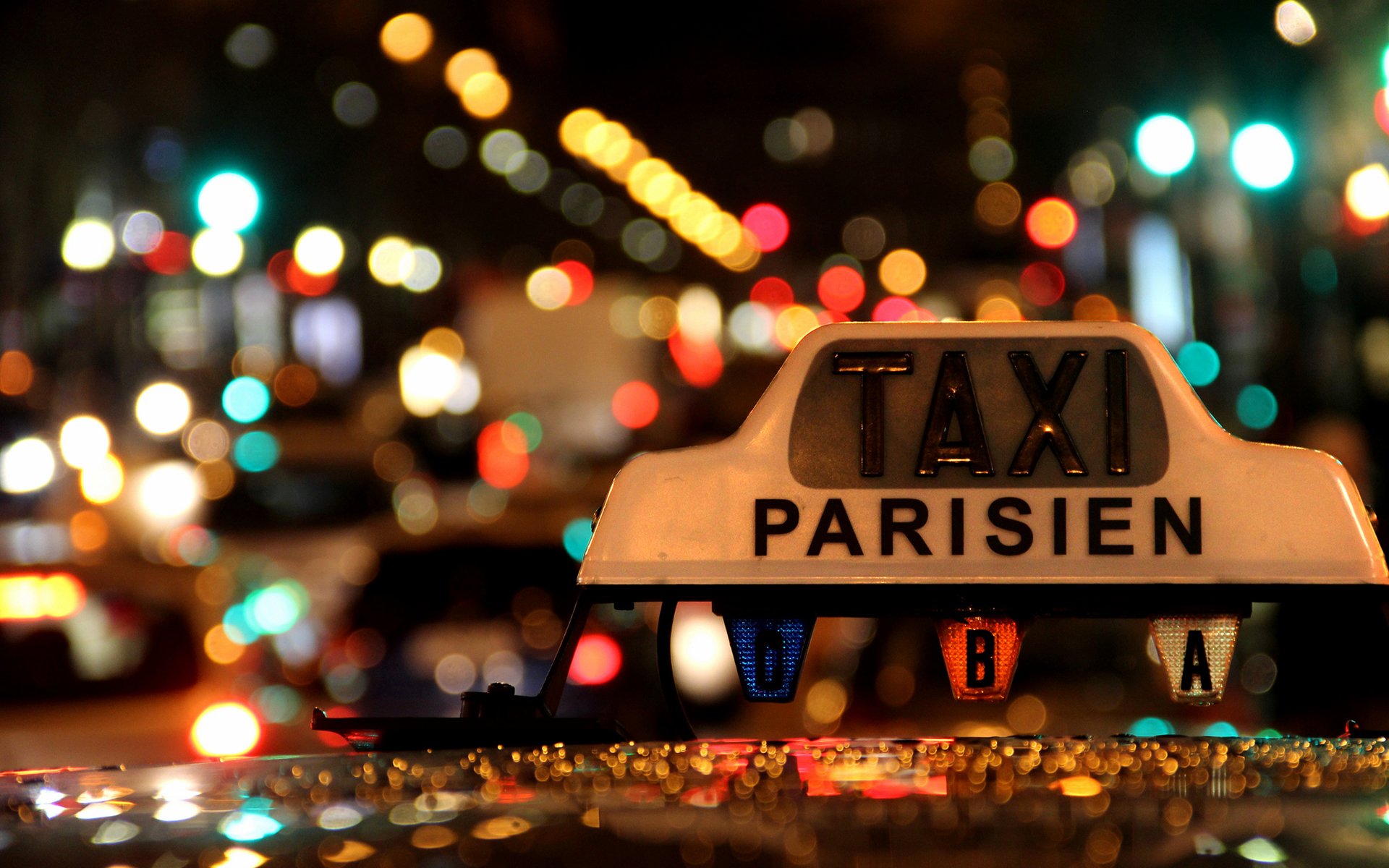 bokeh, Taxi, Lights, Night, Roads, Traffic, Macro, Close, Sign, Text, Paris, France Wallpaper