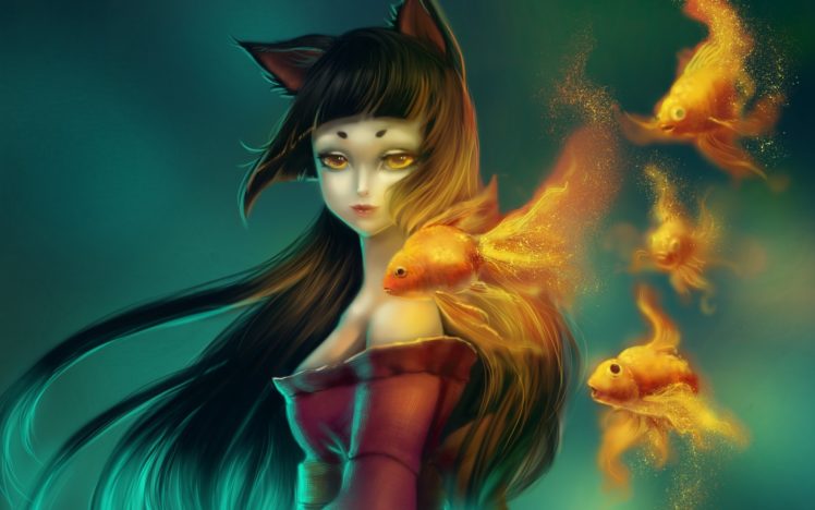 fantasy, Art, Goldfish, Magic, Underwater, Anime, Original, Girl, Women, Females, Brunettes, Face, Eyes, Pov, Fishes HD Wallpaper Desktop Background