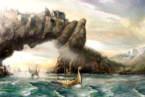 fantasy, Art, Vikings, Sailing, Boats, Ships, Landscapes, Paintings, Mountains
