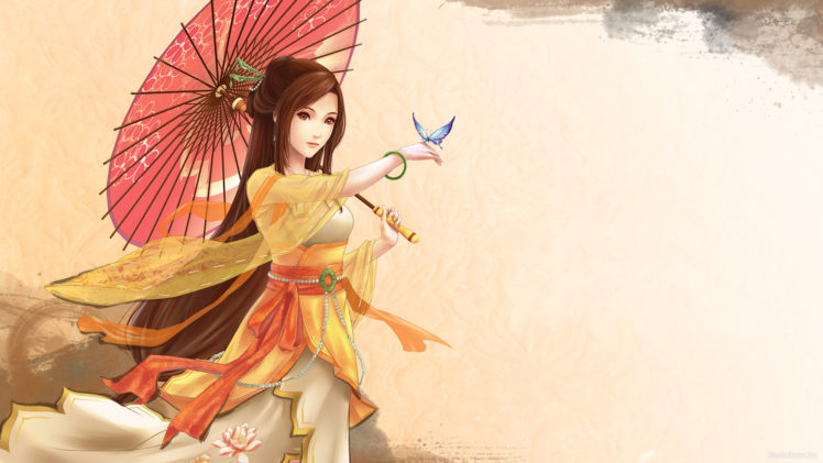 original, Anime, Girl, Kimono, Butterfly, Umbrella HD Wallpaper Desktop Background