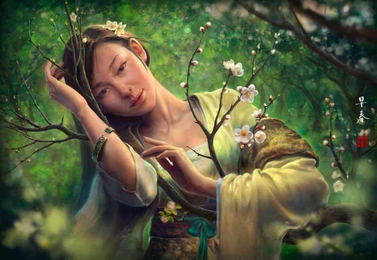 asian, Oriental, Fantasy, Art, Women, Females, Face, Eyes, Pov, Trees, Blossoms, Flowers, Forest, Mood HD Wallpaper Desktop Background