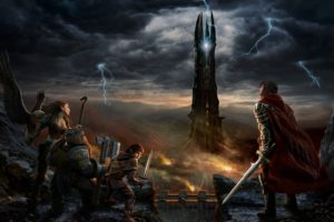 lord, Of, The, Rings, Tower, Dwarf, Elf, Knight, Fantasy, Art, Warriors, Weapons, Swords, Hobbit, Lightning, Storm, Mountains