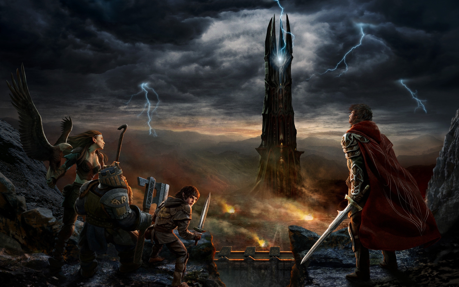 lord, Of, The, Rings, Tower, Dwarf, Elf, Knight, Fantasy, Art, Warriors, Weapons, Swords, Hobbit, Lightning, Storm, Mountains Wallpaper