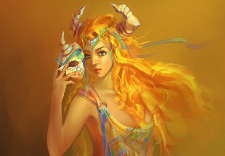 mask, Fantasy, Art, Girl, Women, Female, Horns, Face, Eyes, Pov HD Wallpaper Desktop Background