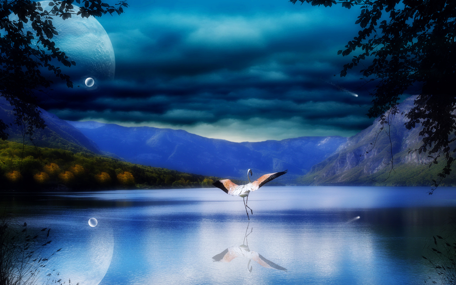 cg, Digital, Art, Manipulation, Bubbles, Dream, Mood, Birds, Flight, Flamingo, Nature, Lakes, Mountains, Reflection, Sky, Clouds, Autumn, Fall, Trees, Leaves, Forest, Shore Wallpaper