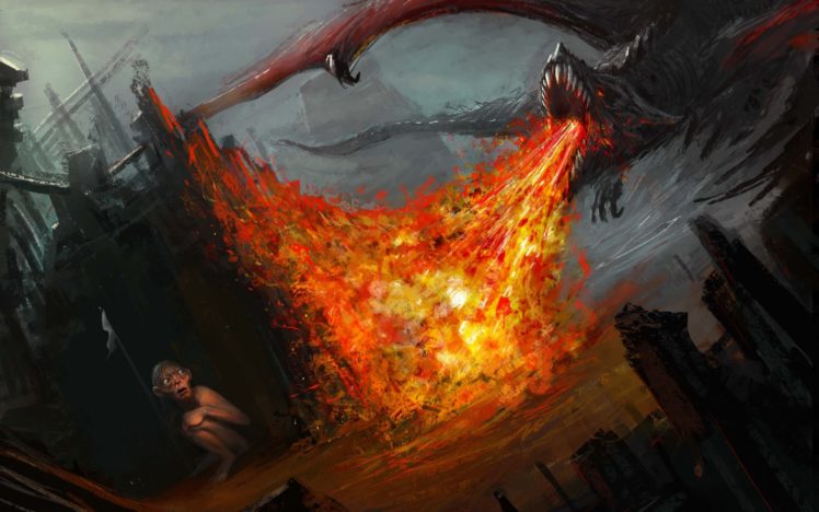 fantasy, Art, Gollum, Dragon, Lord, Rings, Fire HD Wallpaper Desktop Background