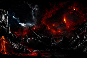 dark, Volcano, Smoke, Eruption, Lava, Fantasy, Landscapes, Stars, Sky