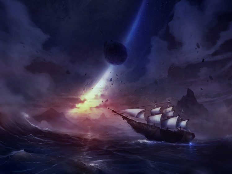 fantasy, Art, Ship, Ocean, Sky, Stars, Sunset HD Wallpaper Desktop Background
