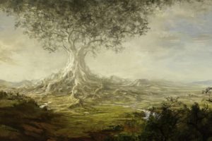 tree, Giant, Valley, River, Roots, Art, Paintings, Landscapes