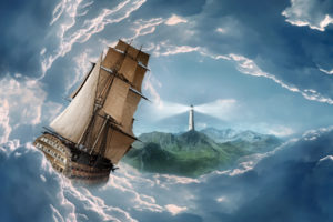 ship, Clouds, Lighthouse, Schooner, Sail, Ship