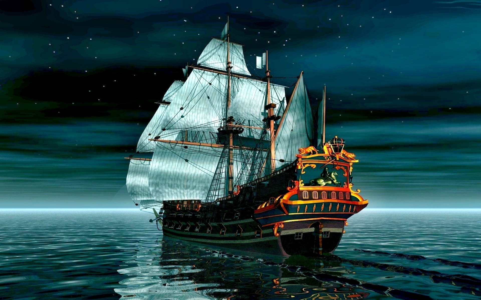 boat, Night, 3d, Ship, Ocean Wallpaper
