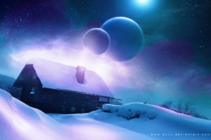 house, Cabin, Snow, Winter, Planets, Stars