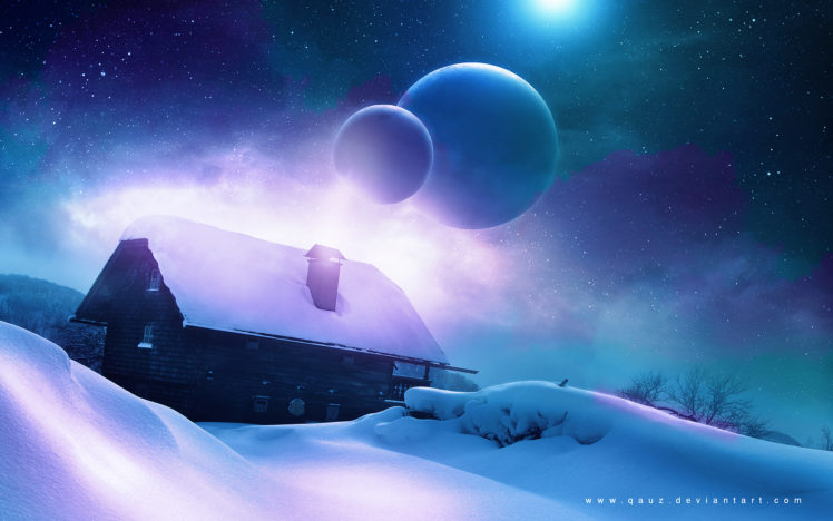 house, Cabin, Snow, Winter, Planets, Stars HD Wallpaper Desktop Background