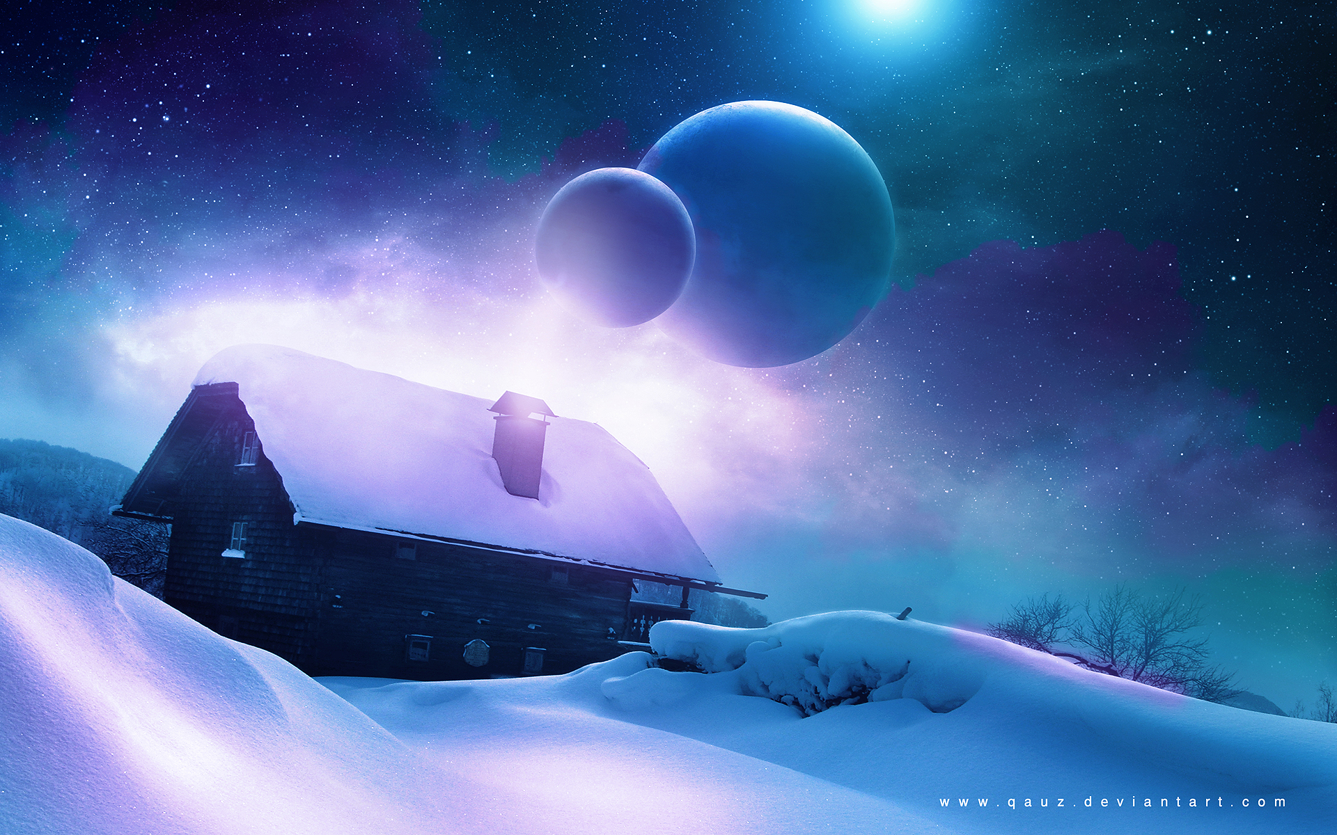 house, Cabin, Snow, Winter, Planets, Stars Wallpaper