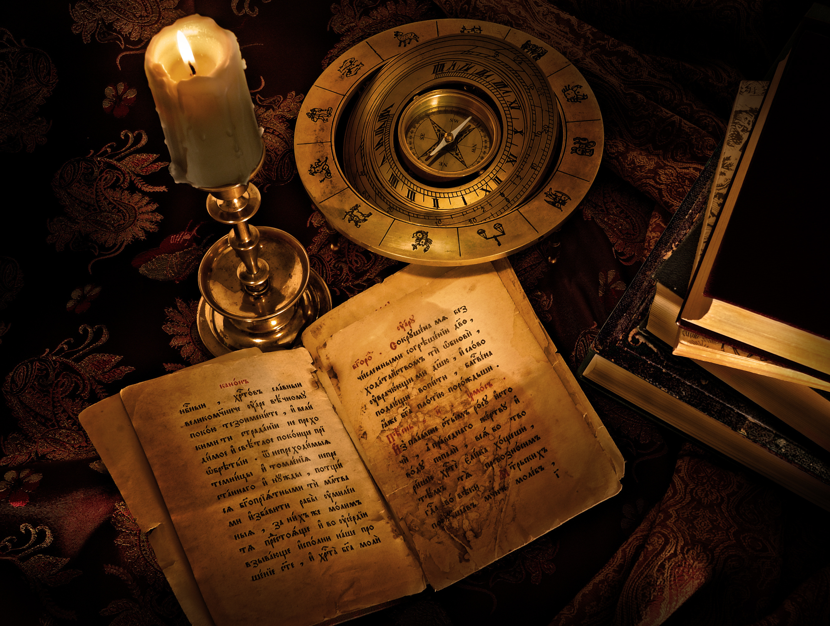book, Zodiac, Compass, Candle Wallpaper