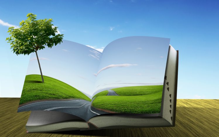 book, Tree, Road, Field, Creative, Roads, Landscapes, Manipulation, Fields, Sky, Clouds HD Wallpaper Desktop Background