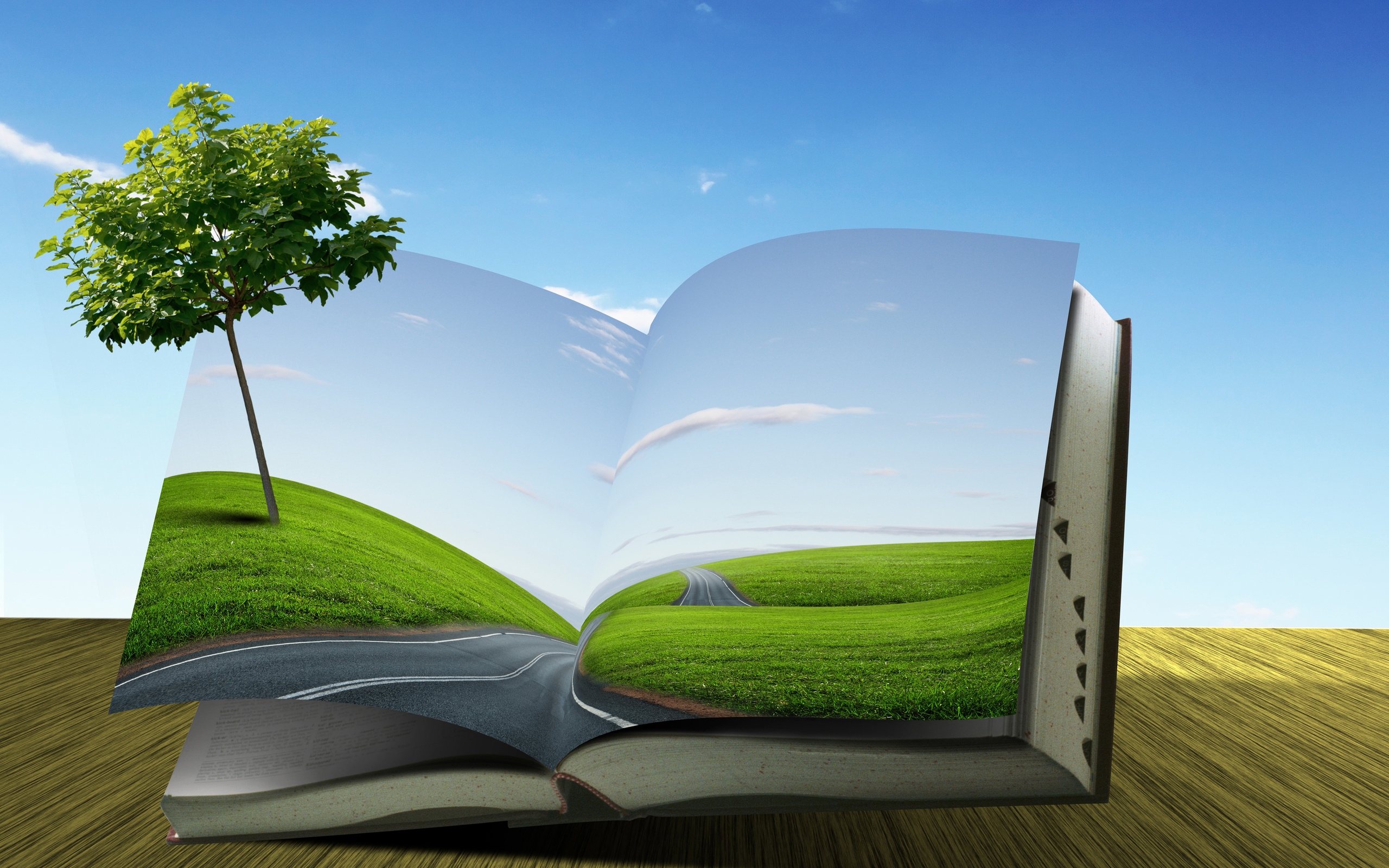 book, Tree, Road, Field, Creative, Roads, Landscapes, Manipulation, Fields, Sky, Clouds Wallpaper
