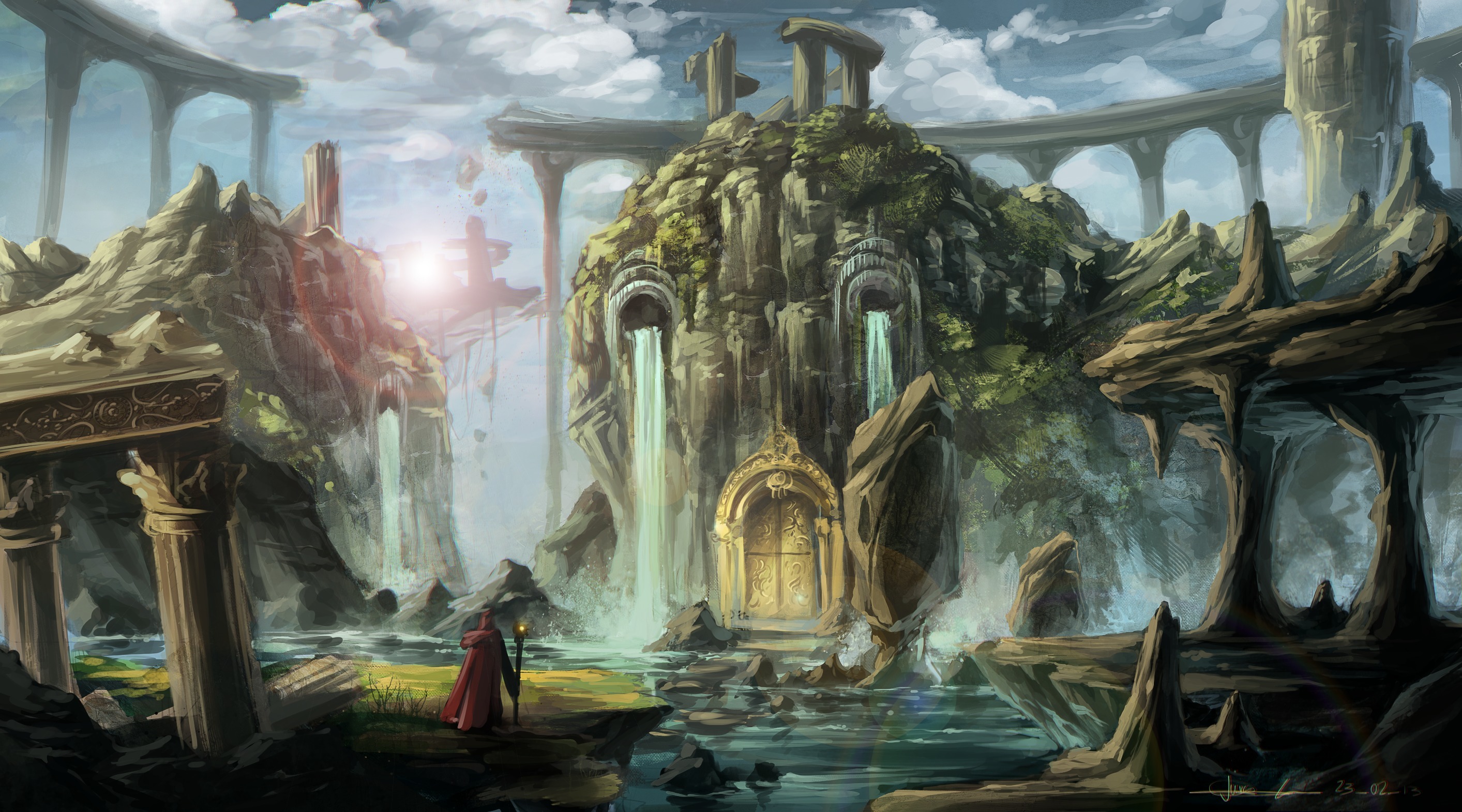 fantasy, Waterfall, Landscapes, Buildings, Castle, Rivers, Architecture, Wizard, Mage, Magicains, Sorcerer, Art Wallpaper