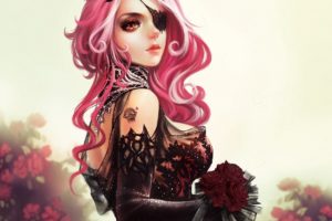 gothic, Glance, Pink, Color, Hair, Fantasy, Girls, Roses, Flowers, Cleavages, Redhead, Face, Eyes, Women, Females, Sexy, Babes
