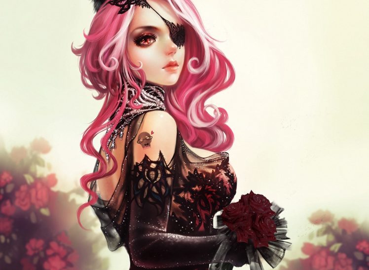 gothic, Glance, Pink, Color, Hair, Fantasy, Girls, Roses, Flowers, Cleavages, Redhead, Face, Eyes, Women, Females, Sexy, Babes HD Wallpaper Desktop Background