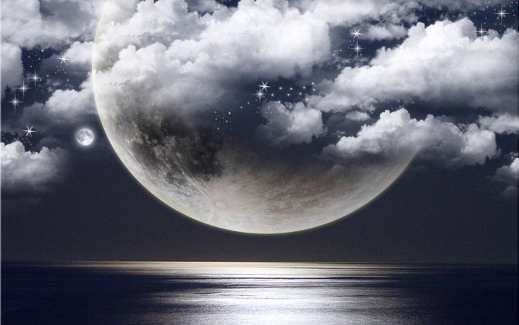 ocean, Clouds, Moon, Photomanipulation HD Wallpaper Desktop Background