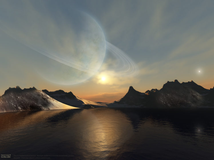 water, Mountains, Sun, Planets, Fantasy, Art, Digital, Art, Planetary, Rings, Sea HD Wallpaper Desktop Background