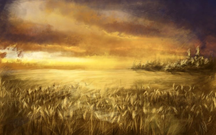 art, Field, Wheat, Ears, Sky, Clouds HD Wallpaper Desktop Background