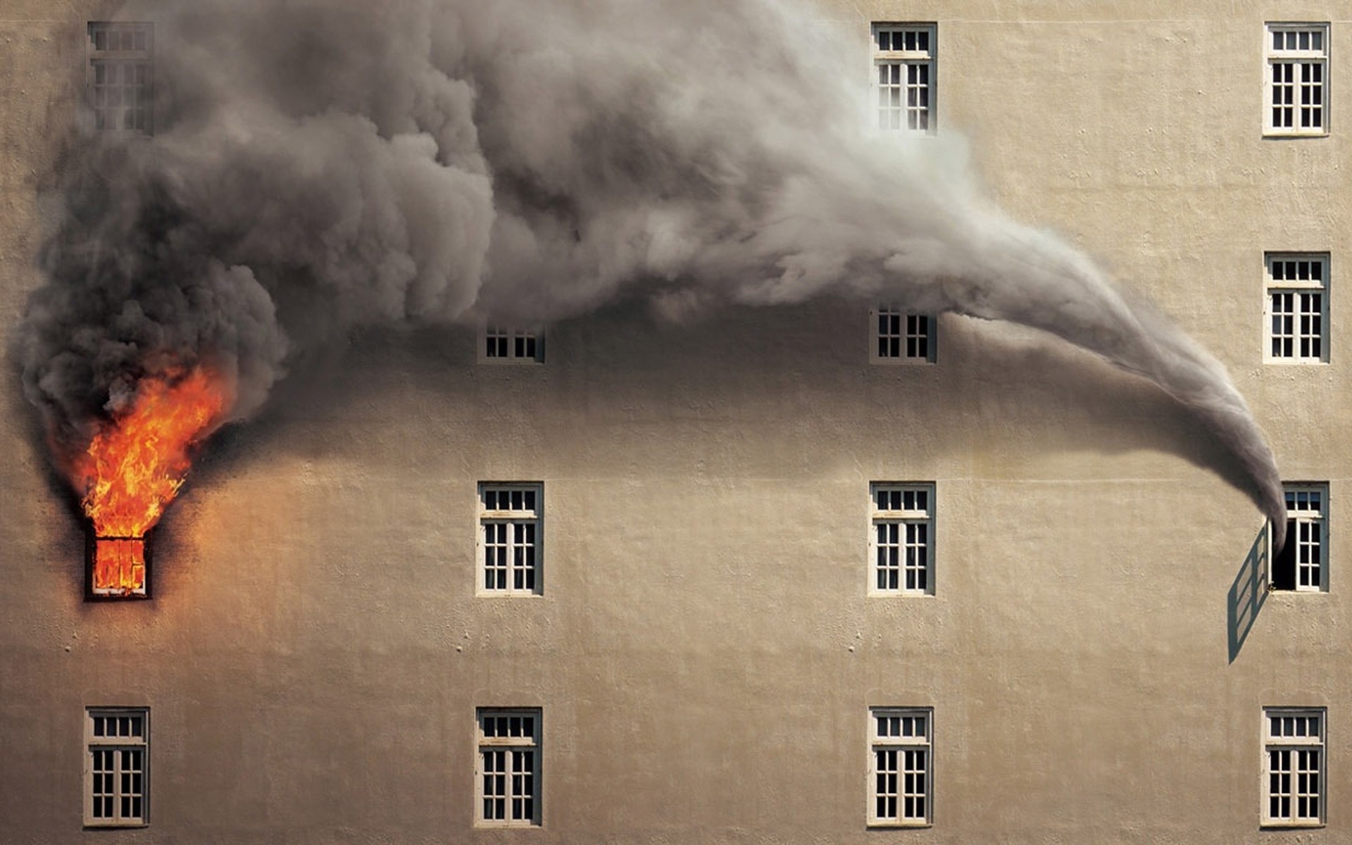 fire, Smoke, Buildings, Photomanipulation, Window Wallpaper