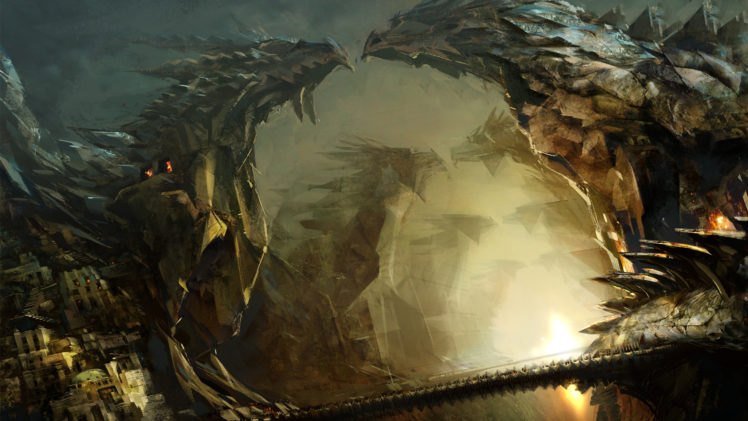 dragons, Fantasy, Statues, Bridges, Landscapes HD Wallpaper Desktop Background