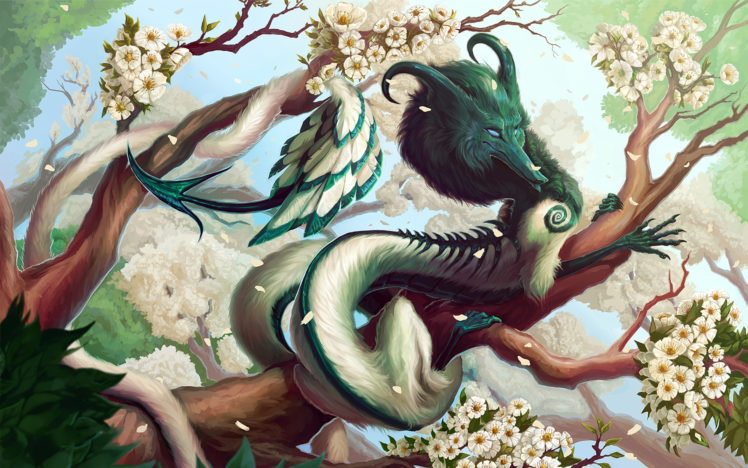 dragon, Branch, Lies, Flower, Tail, Fur, Brush, Leaves HD Wallpaper Desktop Background