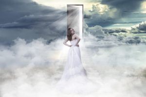 girl, Door, Clouds, Sky, Heaven