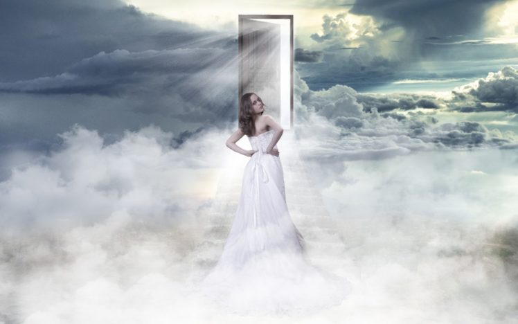 girl, Door, Clouds, Sky, Heaven HD Wallpaper Desktop Background