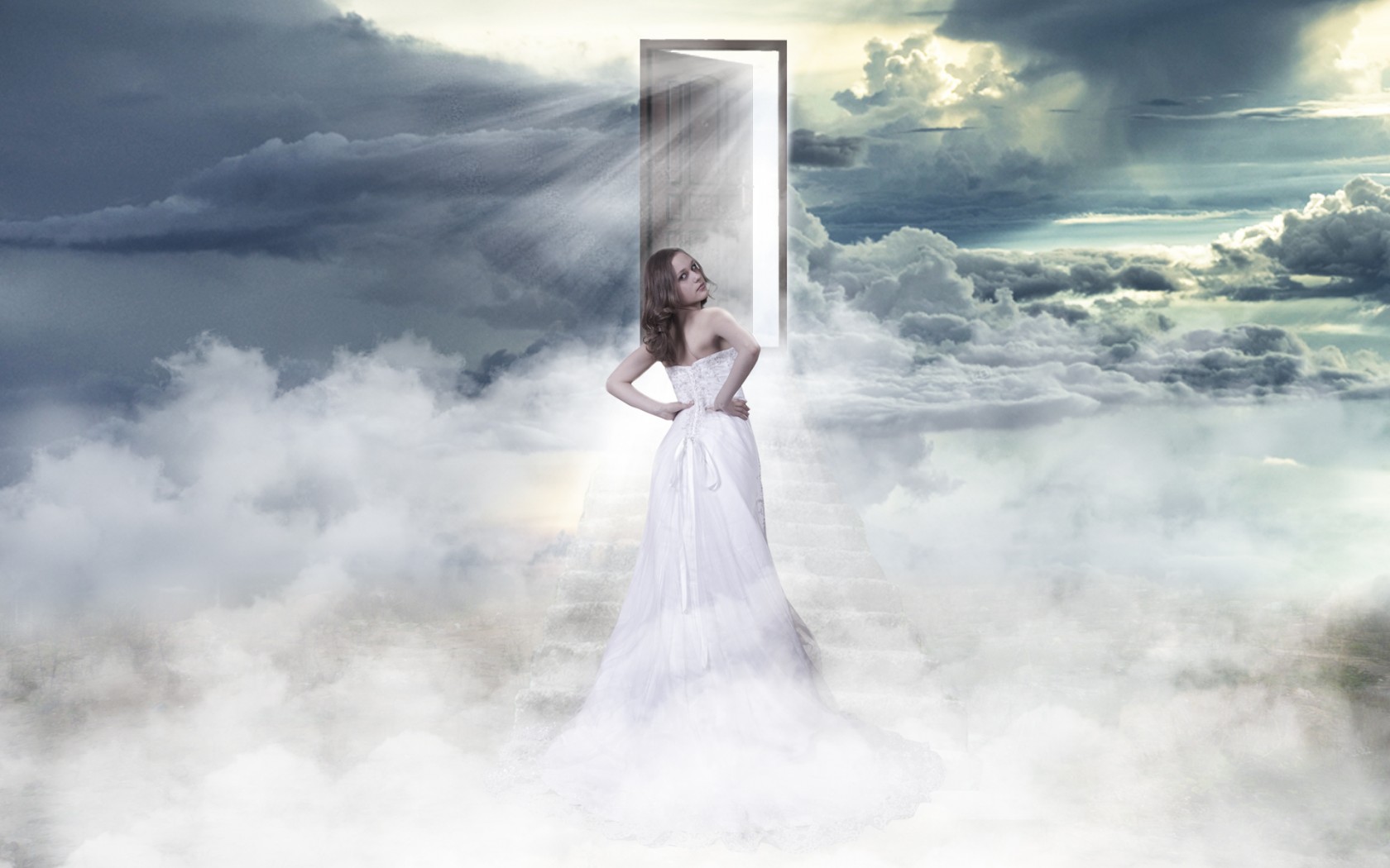 girl, Door, Clouds, Sky, Heaven Wallpaper