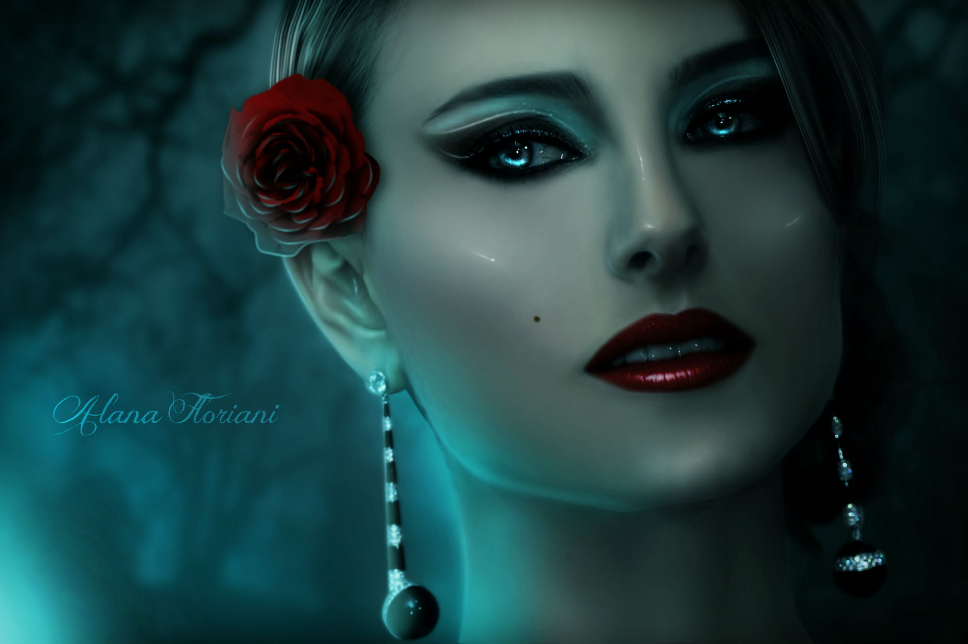 gothic, Face, Glance, Red, Lips, Earrings, Fantasy, Girls Wallpaper