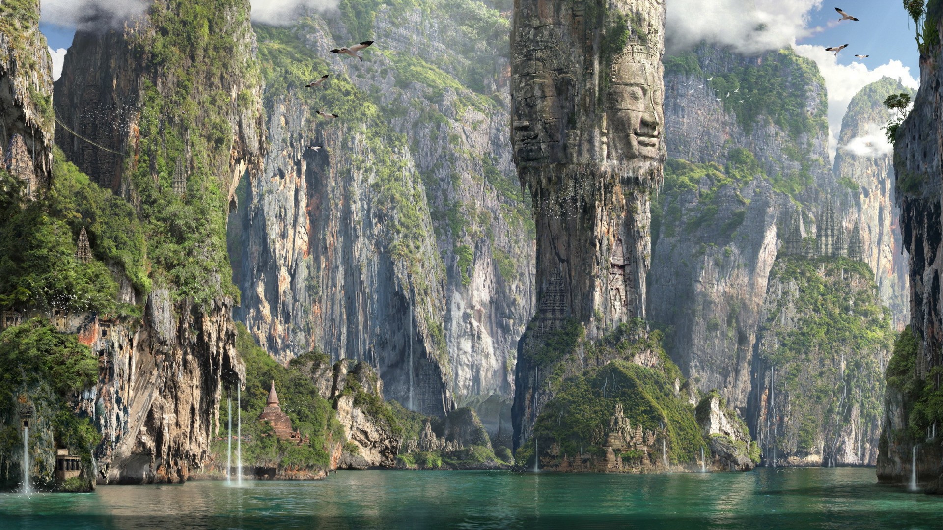 mountain, Forest, River, Buildings, Water, Birds, Sky, Clouds, People Wallpaper