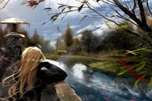 drawing, Art, Girl, Long, Haired, Blonde, River, Trees, Wind, Clouds