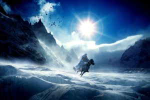 warriors, Mountains, Scenery, Sky, Snow, Fantasy