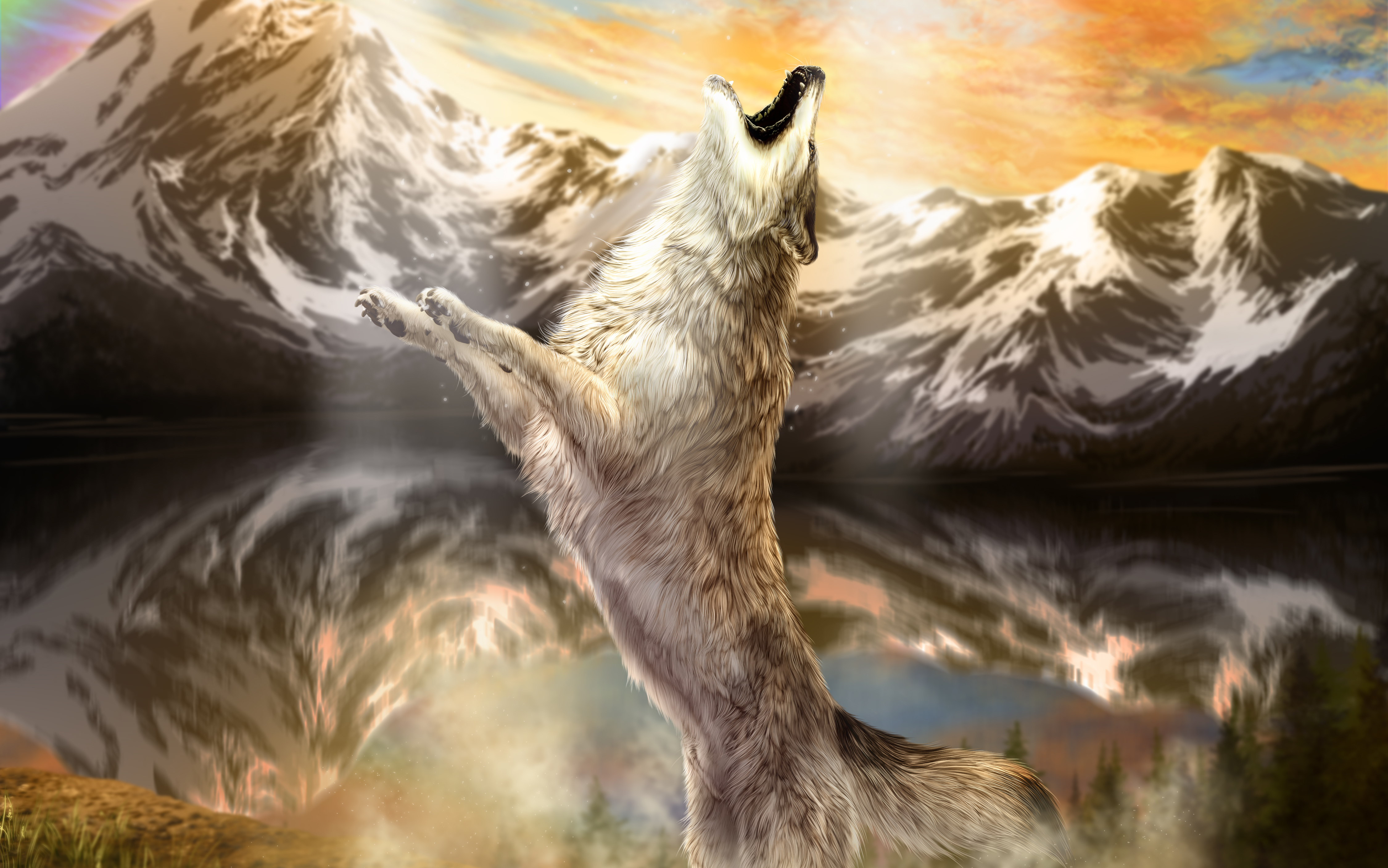 wolves, Mountains, Painting, Art, Animals, Wolf Wallpaper