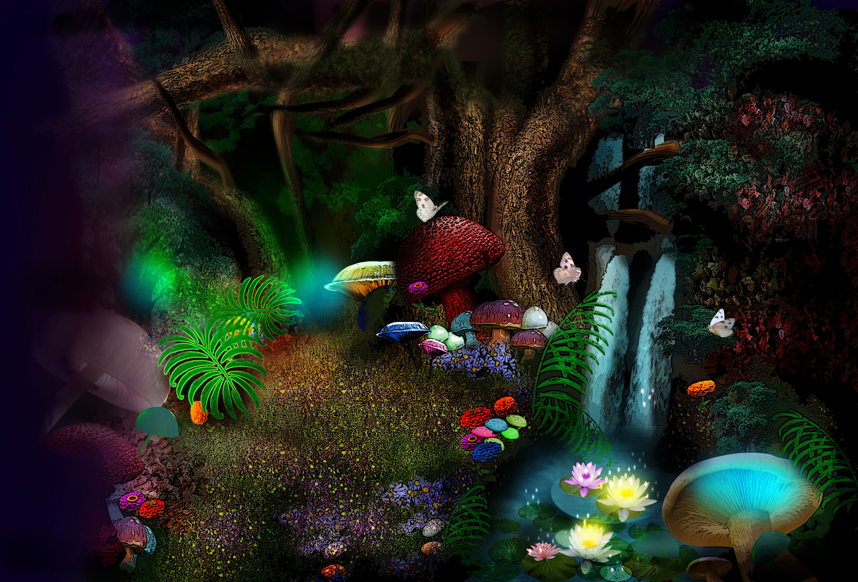 3d, Nature, Phantasmagoria, Butterfly, Leaves, Forest, Magic, Flowers Wallpaper